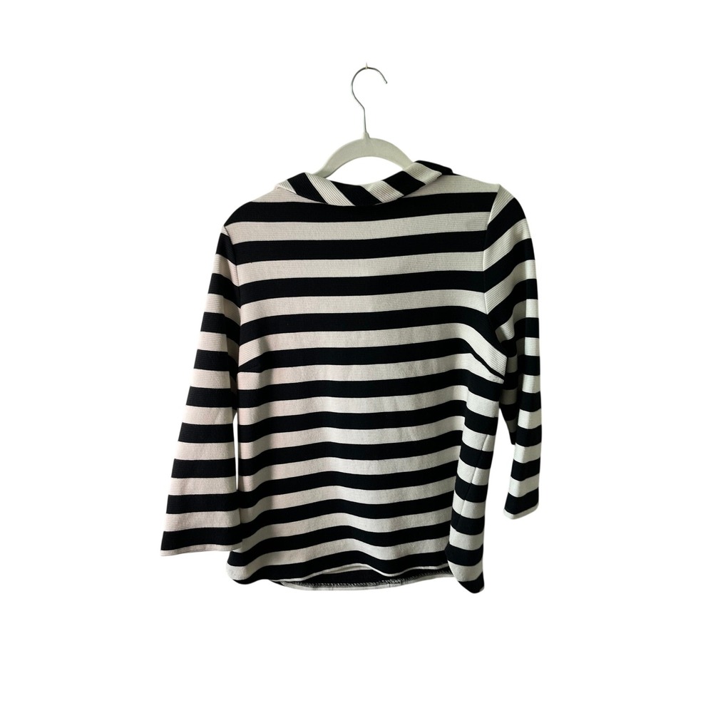 Talbots Womens Black White Striped Ribbed Funnel Neck Cardigan Shirt Large